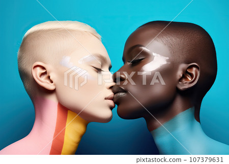 Two lesbian women on blue background. Portrait of afro-amerikan and caucasian woman. International day for Tolerance 107379631