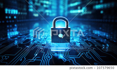 Lock on black background with glowing binary matrix code. Computer Cyber Security Day, awareness about promoting best practices for staying safe online. Online safety banner with copy space 107379650