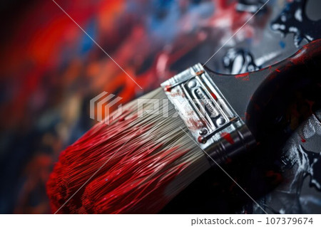 Closeup on paintbrushes on canvas or artist's palette covered with oil paints 107379674