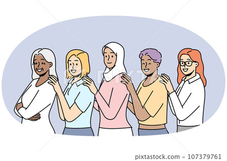 Smiling interracial women stand together Smiling interracial women stand together 107379761