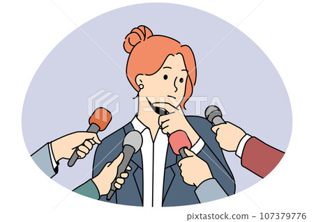 Pensive female politician talk with reporters 107379776