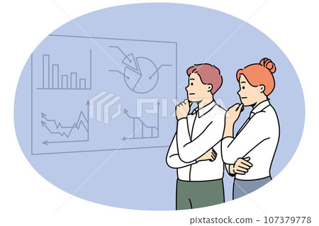 Pensive businesspeople brainstorm near board in boardroom 107379778