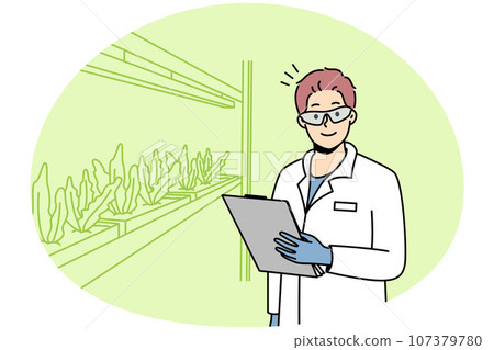 Male scientists growing plants in lab Male scientists growing plants in lab 107379780