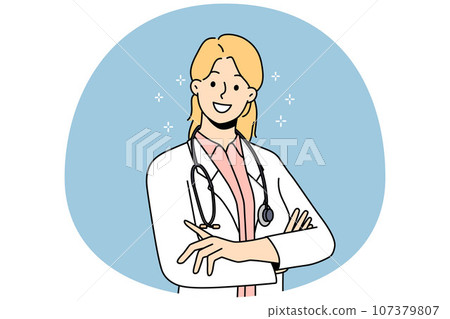 Happy female doctor in medical uniform 107379807
