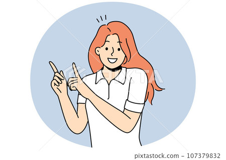 Smiling girl point up with fingers 107379832