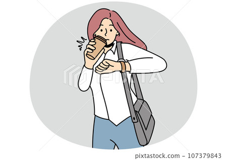 Young woman drink coffee check time Young woman drink coffee check time 107379843