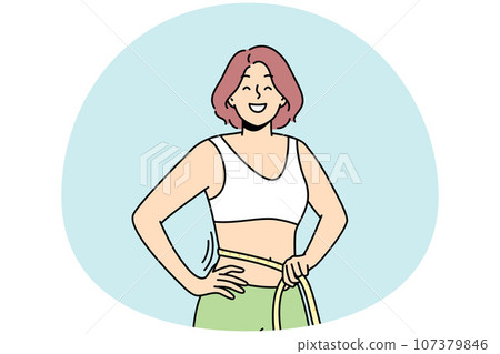 Smiling woman with tape on waist Smiling woman with tape on waist 107379846