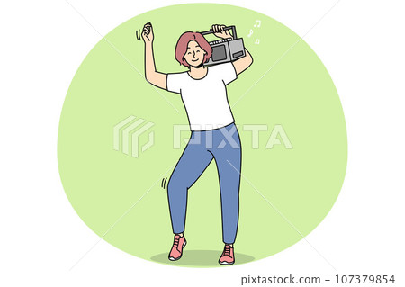 Overjoyed woman dance with stereo on shoulder 107379854