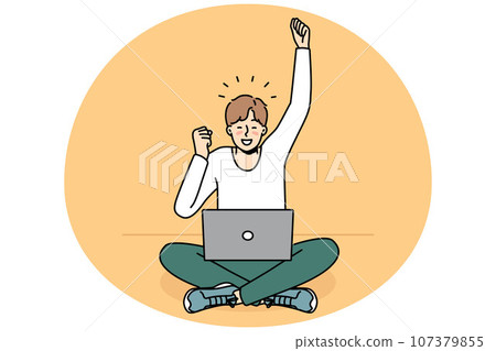 Excited man triumph with good online news 107379855