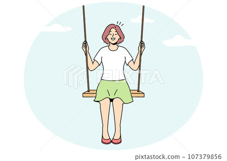 Smiling woman on swing in clouds Smiling woman on swing in clouds 107379856