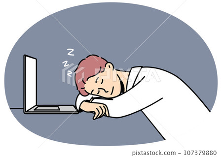 Tired man fall asleep at workplace 107379880