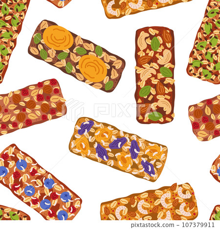 Seamless Pattern With Colorful, Appetizing, Wholesome Granola Bars, Arranged In A Delightful And Balanced Composition 107379911