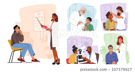 Set Ophthalmologist Doctor Check Eyesight for Eyeglasses Diopter. Oculist with Pointer Checkup Eye Sight 107379927