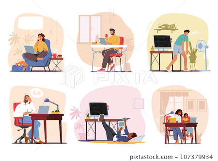 Set Of Characters Engrossed In Their Computers. People Immersed In Digital World. Men And Women Typing, Vector Set Of Characters Engrossed In Their Computers. People Immersed In Digital World. Men And Women Typing, Vector 107379934