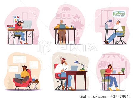 Characters With Laptops And Desktop Computers, Engrossed In Work Or Leisure Activities, Diverse People Productivity Characters With Laptops And Desktop Computers, Engrossed In Work Or Leisure Activities, Diverse People Productivity 107379943