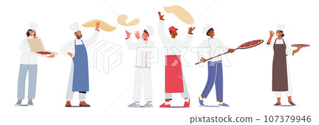 Master Chef Male And Female Characters Expertly Crafts Mouthwatering Pizzas With Fresh Ingredients Vector Illustration Master Chef Male And Female Characters Expertly Crafts Mouthwatering Pizzas With Fresh Ingredients Vector Illustration 107379946