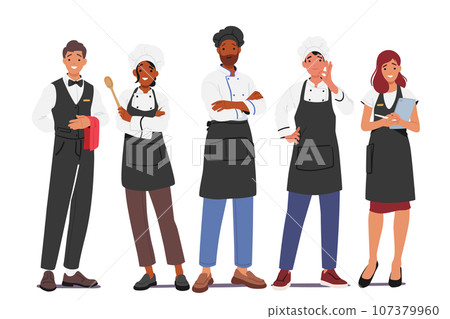 Restaurant Workers, Administrator, Chef and Waiter Stand In A Row, Ready To Serve. Hospitality Staff Characters 107379960
