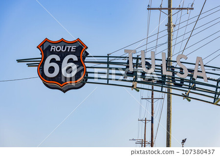 Sunny view of the Tulsa Route 66 Sign 107380437
