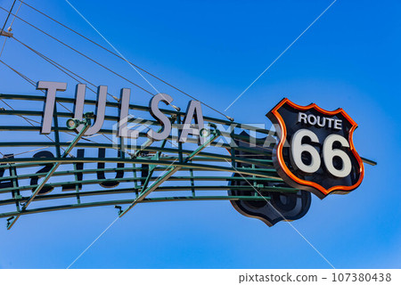 Sunny view of the Tulsa Route 66 Sign 107380438