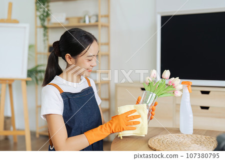 Young woman cleaning using spray and wiping the jar with microfiber cloth in living room 107380795
