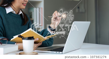 young man using laptop for learning course online, searching information young man using laptop for learning course online, searching information 107381274