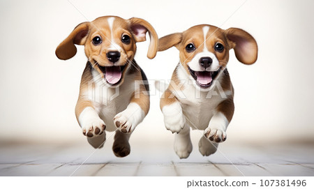 Two-shot of a cute running puppy "AI generated image" 107381496