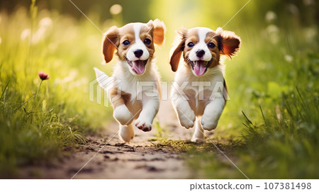 可愛奔跑小狗的兩張照片“AI 生成圖像” 107381498