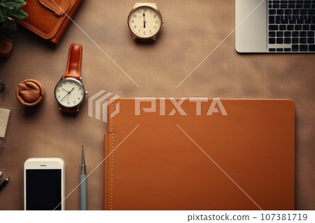 Top view Office desk with office tools, computer laptop on wood table background with copy space. Generative AI Top view Office desk with office tools, computer laptop on wood table background with copy space. Generative AI 107381719