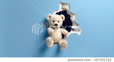 Cute Teddy Bear peeking out of a hole in wall, torn hole, empty copy space frame, mockup. Generative AI weber. 107381720