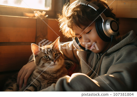 Young woman in headphones listening to music. Girl hug a cat. Generative AI 107381804