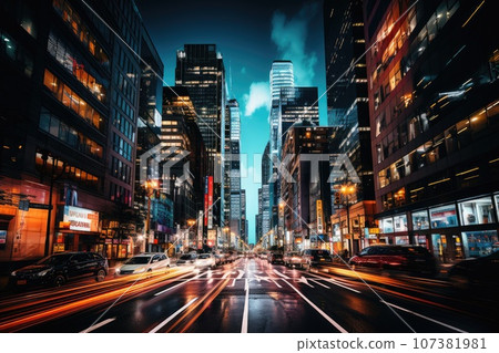 Abstract night cityscape background. Smart city, ai and digital transformation concept. Double exposure 107381981