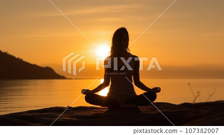 Woman Backlit in Yoga Pose in calm sunrise Zen. Generative AI weber. Woman Backlit in Yoga Pose in calm sunrise Zen. Generative AI weber. 107382007