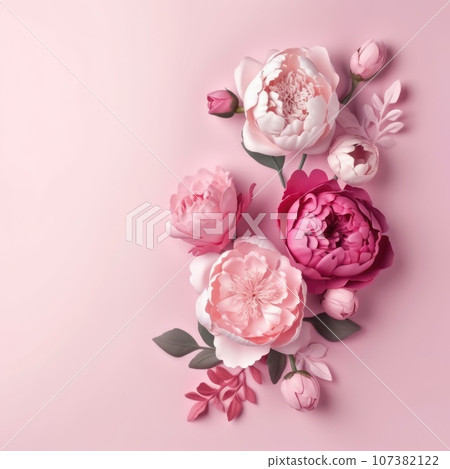 Beautiful Peonies, roses on pink background with copy space. Generative AI weber. 107382122