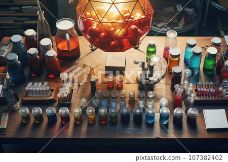Scientific equipments spread on desk. Generative AI 107382402