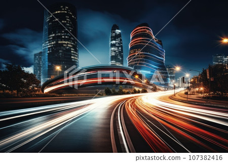 Abstract night cityscape background. Smart city, ai and digital transformation concept. Double exposure 107382416