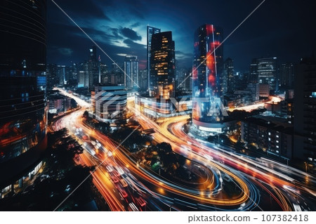 Abstract night cityscape background. Smart city, ai and digital transformation concept. Double exposure Abstract night cityscape background. Smart city, ai and digital transformation concept. Double exposure 107382418