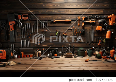 Top view mechanic or carpenter tools with copy space. Generative AI 107382420