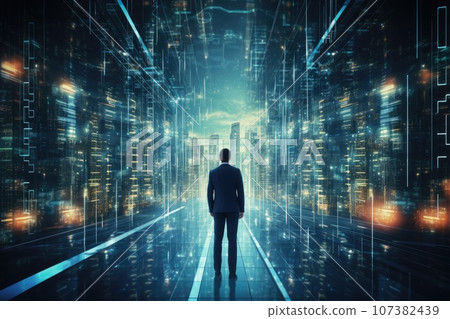 Shot of man walking Data Center, Database, Data storage, Backup, Cyber security and futuristic concept. AI Generative Shot of man walking Data Center, Database, Data storage, Backup, Cyber security and futuristic concept. AI Generative 107382439