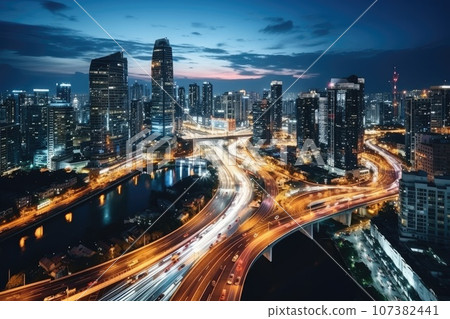 Abstract night cityscape background. Smart city, ai and digital transformation concept. Double exposure Abstract night cityscape background. Smart city, ai and digital transformation concept. Double exposure 107382441