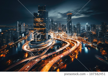 Abstract night cityscape background. Smart city, ai and digital transformation concept. Double exposure 107382451
