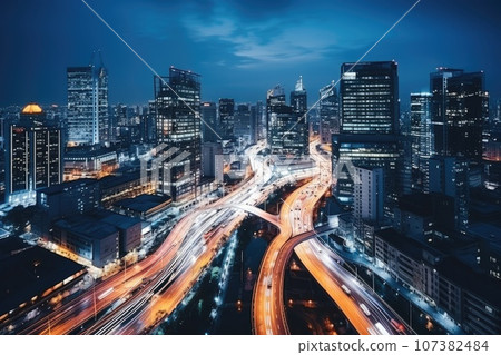 Abstract night cityscape background. Smart city, ai and digital transformation concept. Double exposure 107382484