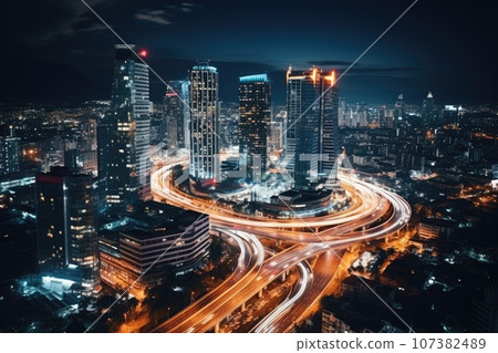 Abstract night cityscape background. Smart city, ai and digital transformation concept. Double exposure 107382489