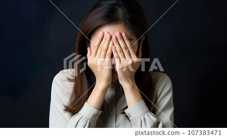 年輕女子雙手摀臉“AI生成圖像” 107383471