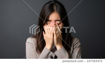 年輕女子雙手摀臉“AI生成圖像” 107383472
