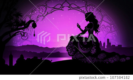 童話美麗的公主和城堡剪影AI圖像 107384182