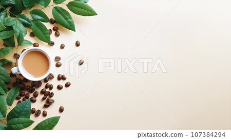 咖啡背景與咖啡杯和咖啡豆 咖啡背景與咖啡杯和咖啡豆 107384294
