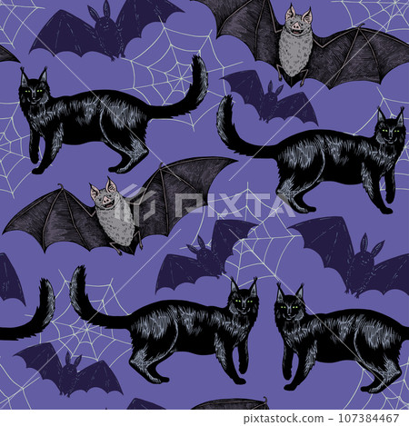 Halloween seamless pattern with hand drawn color elements i retro engraving style. Halloween seamless pattern with hand drawn color elements i retro engraving style. 107384467