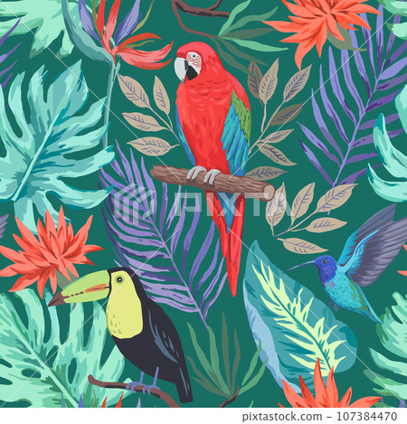 Colorful tropical seamless pattern with exotic birds and flowers. Vector illustration. 107384470