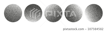 Circular shape with grainy texture, gradients and shades. The stipple and spray halftone effect, depth and shadow. Flat vector illustration isolated on white background. Circular shape with grainy texture, gradients and shades. The stipple and spray halftone effect, depth and shadow. Flat vector illustration isolated on white background. 107384582