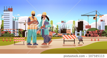architect and engineer in uniform discussing project during meeting construction of buildings concept builders working on construction site full length horizontal architect and engineer in uniform discussing project during meeting construction of buildings concept builders working on construction site full length horizontal 107385113